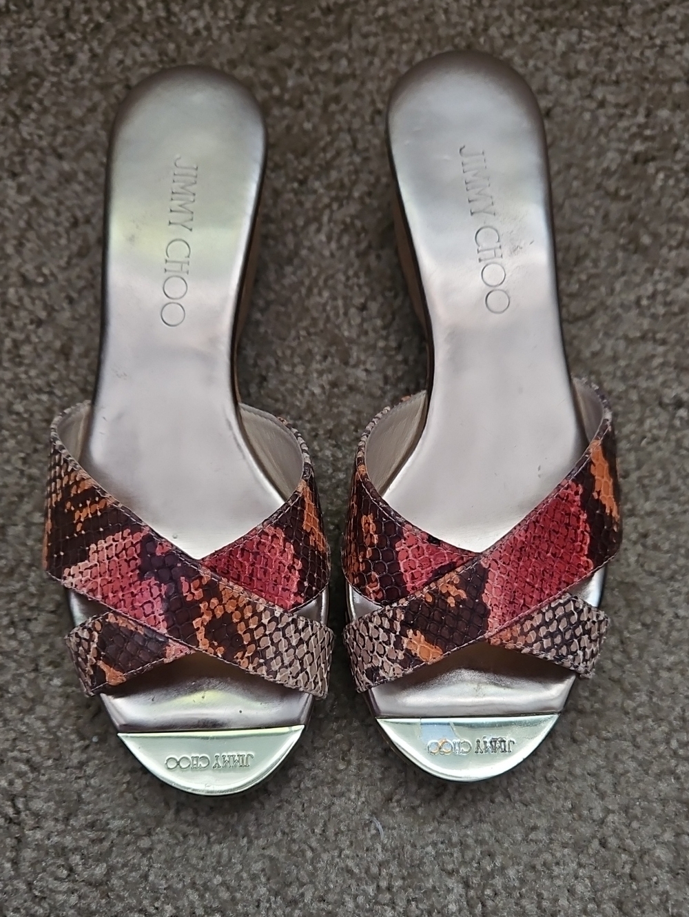 Jimmy Choo Red and Orange Snake-Print Slide Mules 5.5